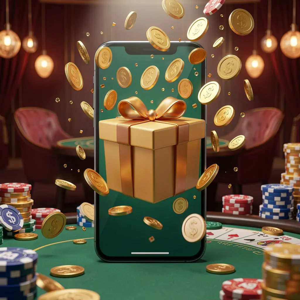 99FU mobile casino bonus app concept showing a phone screen with a gift box and coins bursting out in a festive casino atmosphere with premium 3D illustration