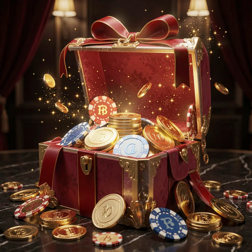 99FU no deposit casino bonus concept with a glowing gift box filled with free casino chips and golden coins, surrounded by magical sparkle effects on a luxury dark background creating an exciting reward atmosphere