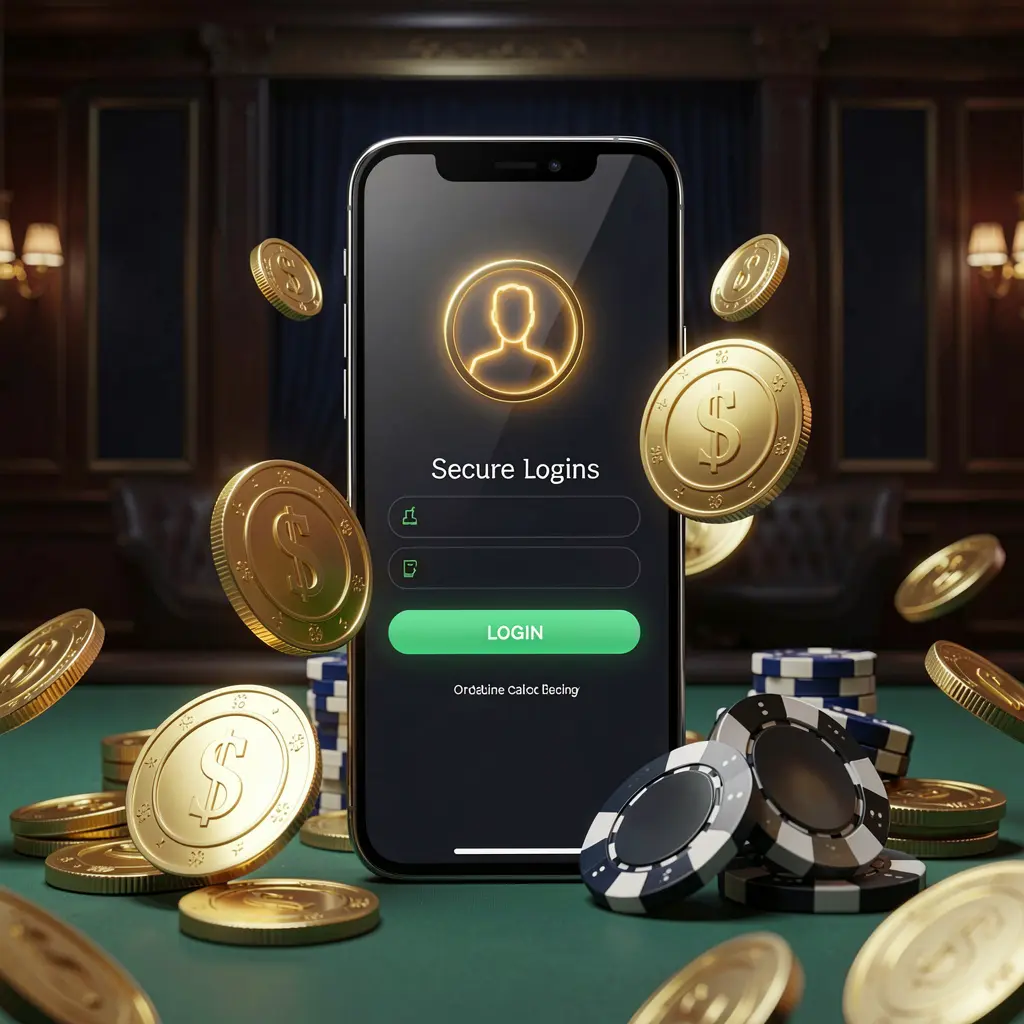 99FU online casino login page hero banner featuring a modern smartphone with a secure login screen, glowing user profile icon, golden coins and poker chips surrounding it against a dark luxury background