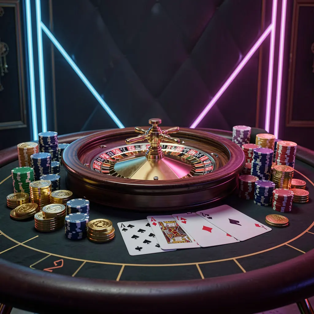 99FU online casino homepage hero banner featuring a luxury casino table with a roulette wheel, poker chips, playing cards, and golden coins against a dark premium background with neon glow in a cinematic 3D render